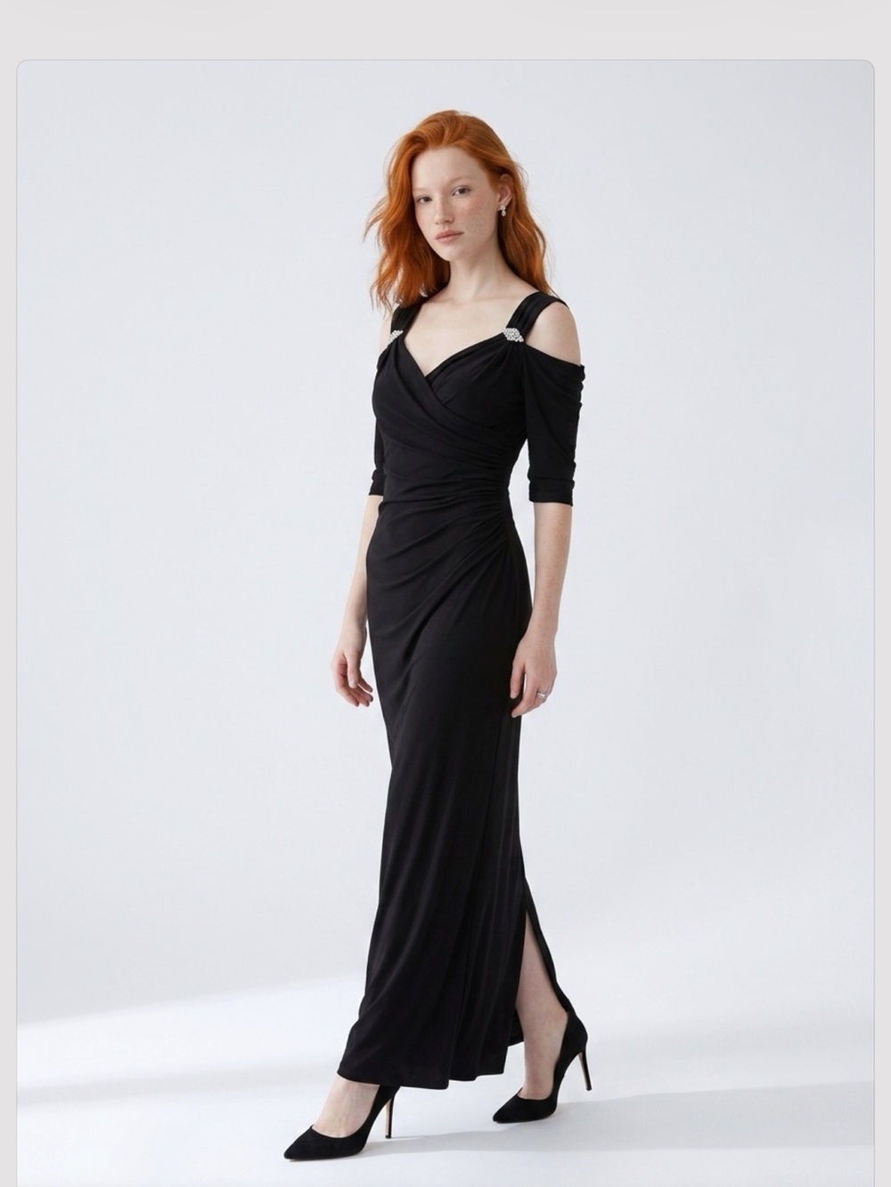R&M Richards Black Maxi Gown with Jeweled Shoulder Accents